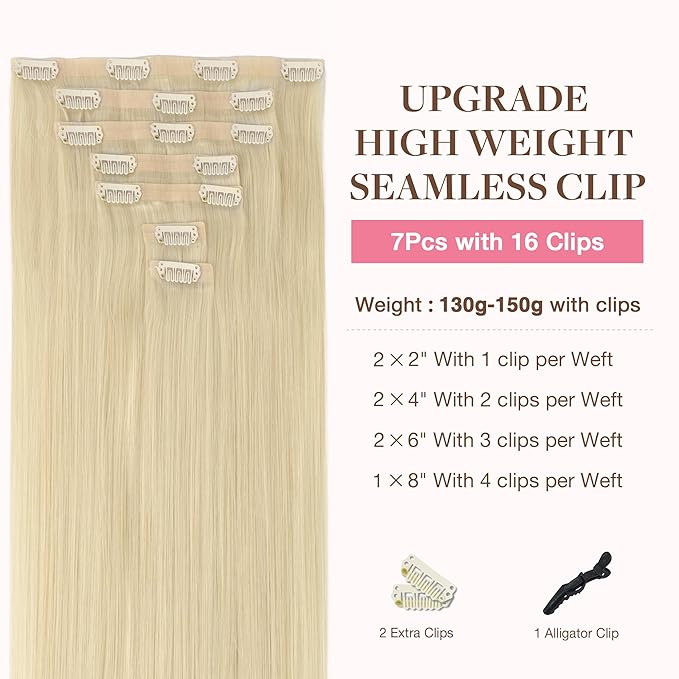 GOO GOO Clip in Hair Extensions Real Human Hair, Remy Human Hair Extensions Clip ins for Women, Natural Human Hair, 16inch 130g 7Pcs, 60A Platinum Blonde