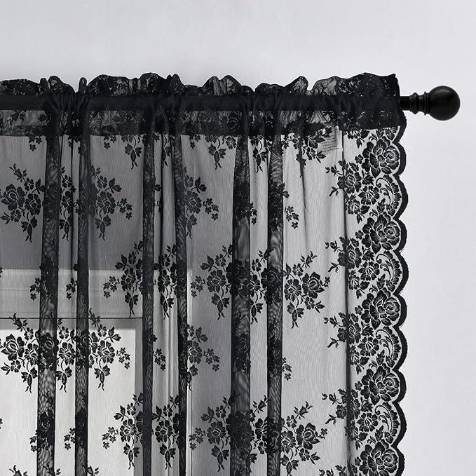 Kotile Black Floral Lace Curtains - Image 2