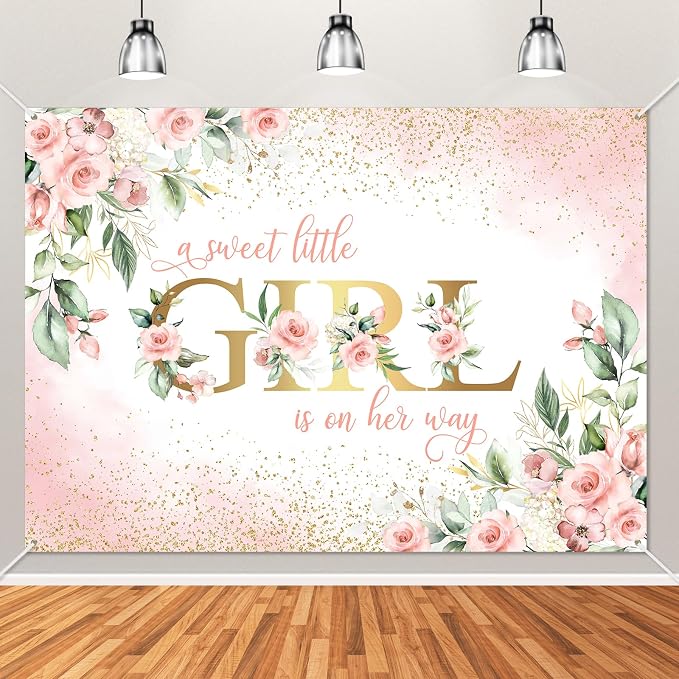 Avezano Girl Baby Shower Backdrop Pink Floral Sweet Baby Baby Shower Banner A by AVEZANO