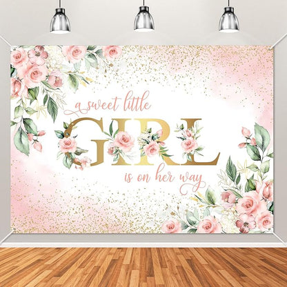 Avezano Girl Baby Shower Backdrop Pink Floral Sweet Baby Baby Shower Banner A by AVEZANO