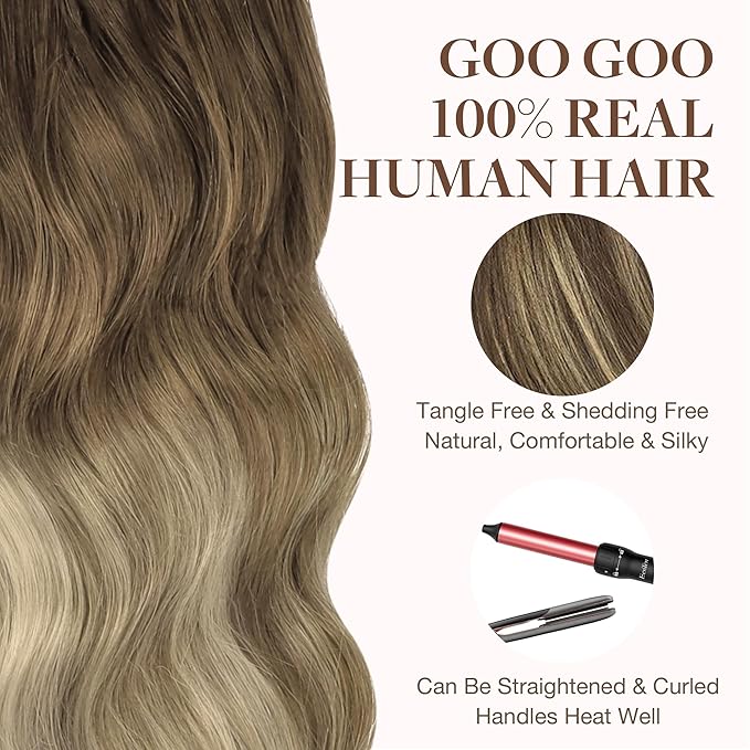 GOO GOO Tape in Hair Extensions Human Hair, 4D/14/5B Brunette Balayage, 14inch 25g 10pcs, Skin Weft Seamless Invisible, Silky Straight with Thick Ends, Remy Human Hair