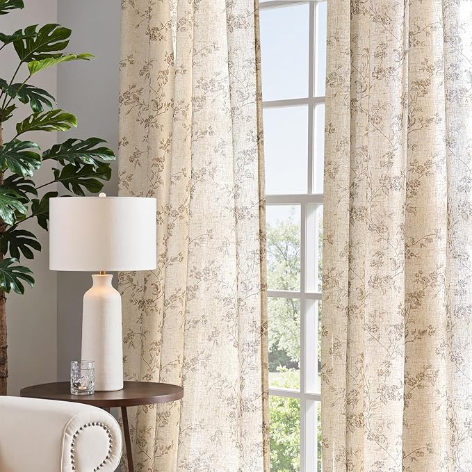 jinchan Taupe Floral Linen Curtains 96 Inch Farmhouse Back Tab 2 Panels | Taupe - Image 7