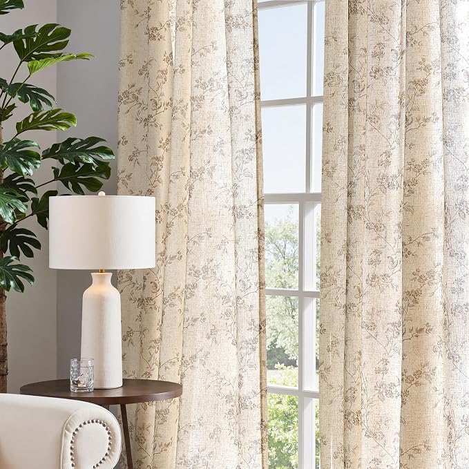 jinchan Taupe Floral Linen Curtains 84 Inch Farmhouse Back Tab 2 Panels | Taupe - Image 7