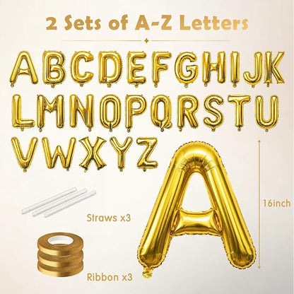 52 Pcs Gold Letter Balloons 16 Inch Mylar Foil Alphabet Letters 2 Sets A- Z - Image 2