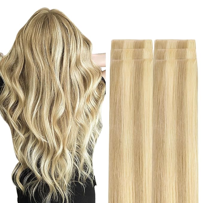GOO GOO Invisi Edge Tape in Hair Extensions Human Hair, 18D/22F Dirty Blonde Highlights, 6pcs 22inch 18g, Virgin Remy Hair, Seamless Injected Tape, Natural Look