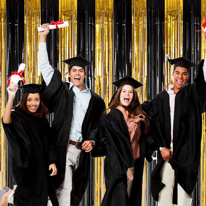 Voircoloria Black Gold Foil Fringe Backdrop Curtains, 3 Pack | Tinsel Streamers - Image 7