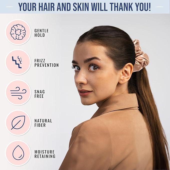 Blissy Silk Scrunchies (3 Pack) - 100% Pure Mulberry Silk - 22 Momme 6A High-Grade Fibers Scrunchie for Straight & Curly Hair - Preventing Breakage, Tangling, & Creasing (Rose Skinny)