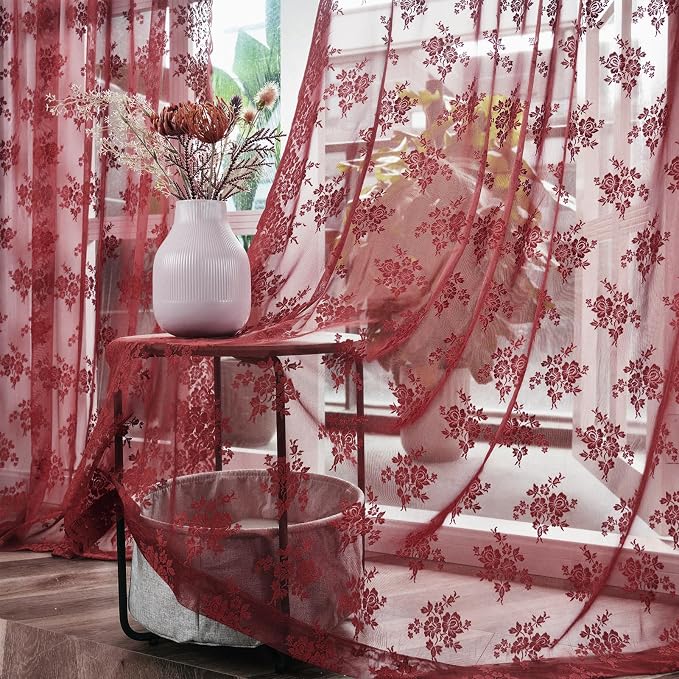 Kotile Burgundy Lace Curtains for Living Room Floral 52 x 80 Inch 2 Panels | - Image 5