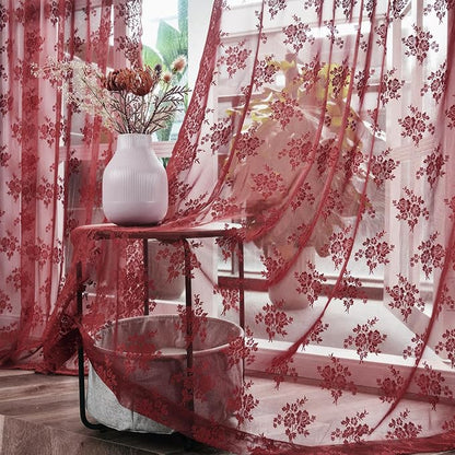 Kotile Burgundy Sheer Lace Curtains - Image 5