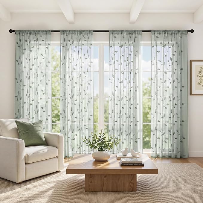 HOMEIDEAS Sage Green Sheer Curtains 52 X 84 Inches Long 2 Panels Embroidered - Image 3