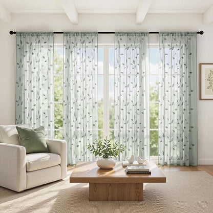HOMEIDEAS Sage Green Sheer Curtains 52 X 84 Inches Long 2 Panels Embroidered - Image 3
