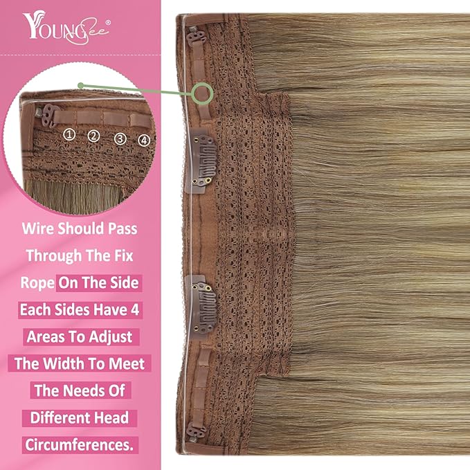 YoungSee Wire Hair Extensions Real Human Hair Brown Blonde Hair Extensions Wire Light Brown with Platinum Blonde One Piece Hair Extension Dyable Remy Hair 16Inch 80G