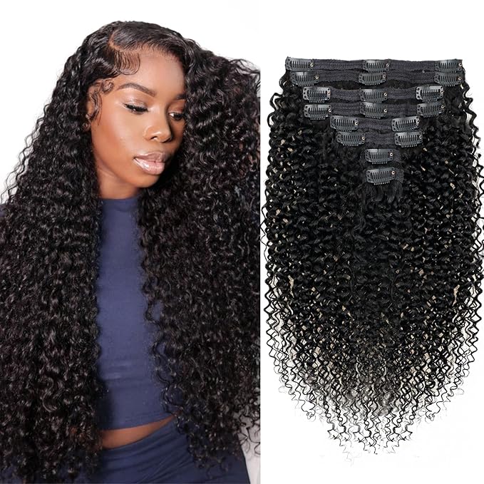 Curly Clip in Extension Human Hair 3C 4A Kinky Curly Clip Ins Full Head for Women Brazilian Remy Human Hair Natural Color 8 Pcs with 18 Clips 120g/Set (22 inch)