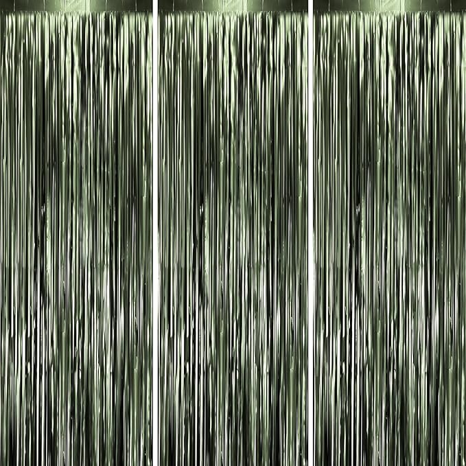 Voircoloria Dark Green Foil Fringe Backdrop Curtains, 3 Pack | Tinsel Streamers by Voircoloria