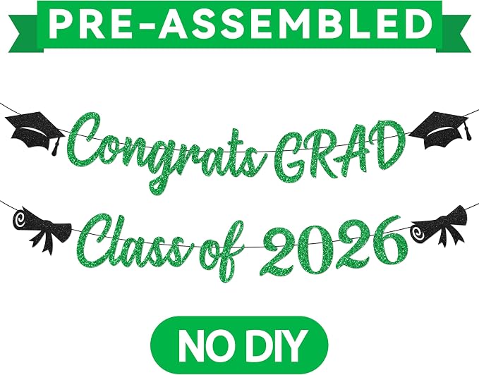 Black and Green Graduation Banner 2026, GlitterGreen Class of 2026 Banner - Image 7