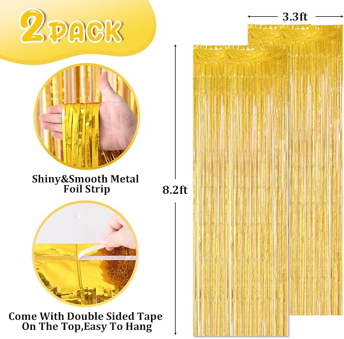 Voircoloria Laser Gold Foil Fringe Backdrop Curtains, 2 Pack | Tinsel Streamers - Image 2