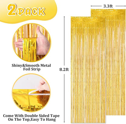 Voircoloria Laser Gold Foil Fringe Backdrop Curtains, 2 Pack | Tinsel Streamers - Image 2
