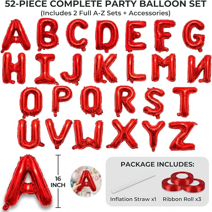 52 Pieces 16 Inches A-Z Letter Balloons – 2 Sets of Alphabet Mylar Balloon - Image 2