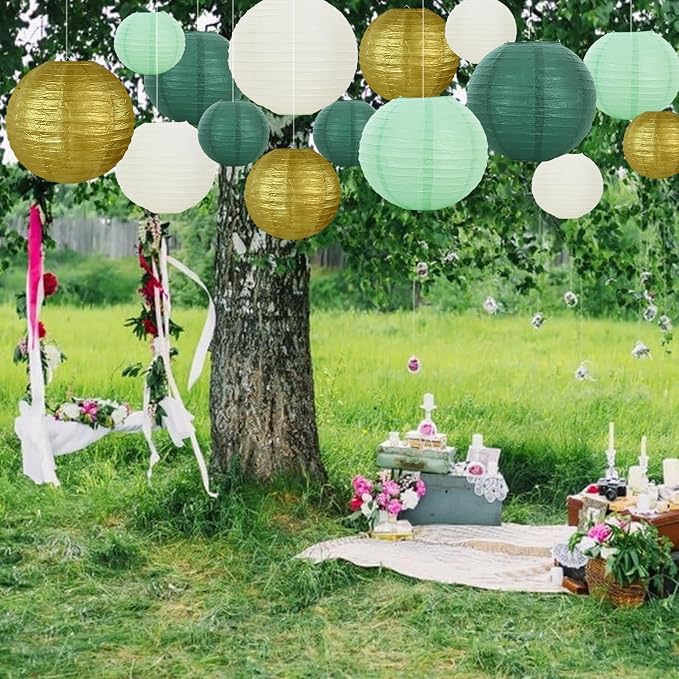 BEISHIDA Sage Green Gold Paper Lanterns 16Pcs 6/8/10Inch Round Chinese Lamp | - Image 5