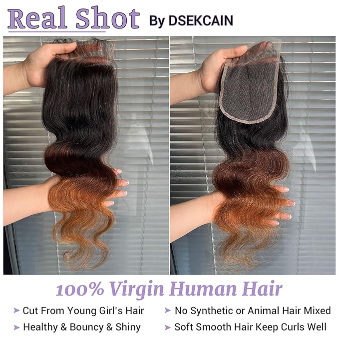 Ombre Body Wave 5x5 Lace Closure Chestnut BrownT1B/2/30 5x5 Body Wave Lace Closure 100% Real Human Hair 14 Inch 150% Density