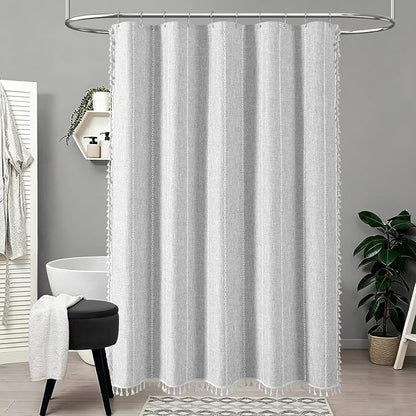 60 x 84 Boho Linen Heavy Duty Cloth Shower Curtain Set, 330GSM Linen Blend - Image 6