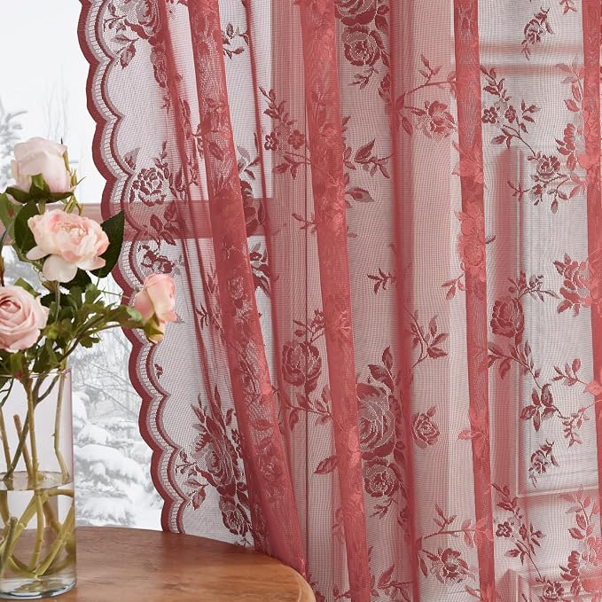Coral Lace Curtains 80 Inch Length 2 Panels Rod Pocket Romantic Floral Lace by SEEKRIGHTHomeDecor