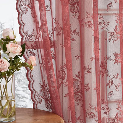 Coral Lace Curtains 80 Inch Length 2 Panels Rod Pocket Romantic Floral Lace by SEEKRIGHTHomeDecor