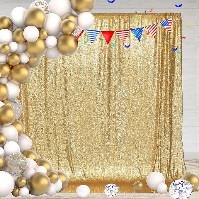 PartyDelight Gold Sequin Backdrop 6x8ft Sparkly Photo Curtain | 4 Inch Rod by PartyDelight