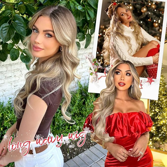 Ombre Blonde Wig for Women Long Wavy 4x1 Lace Natural Hairline Glueless for Beginners Middle Part Synthetic for Daily Party Use 26Inch