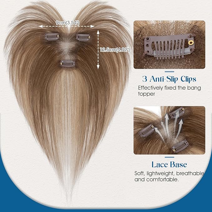 Hair Topper Human Hair Curtain Air Bangs Topper for Women, T-part Lace Base Real Human Hair Topper Hair Piece for Daily Wear(Air Bangs,Medium Brown & Dark Blonde)