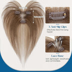 Hair Topper Human Hair Curtain Air Bangs Topper for Women, T-part Lace Base Real Human Hair Topper Hair Piece for Daily Wear(Air Bangs,Medium Brown & Dark Blonde)
