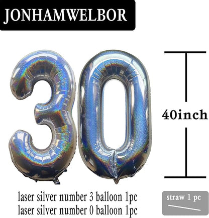 Jonhamwelbor 40 Inch Laser Silver 30 Balloon Numbers Foil Mylar Giant Balloon - Image 2