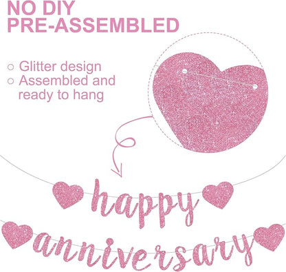 BEISHIDA Glitter Pre-Strung Pink Happy Anniversary Banner Decoration | NO DIY - Image 2
