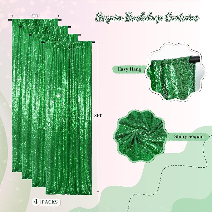 PartyDelight Green Sequin Backdrop Curtains 2x8ft 4 Panels | Sparkly 3mm sequins - Image 2
