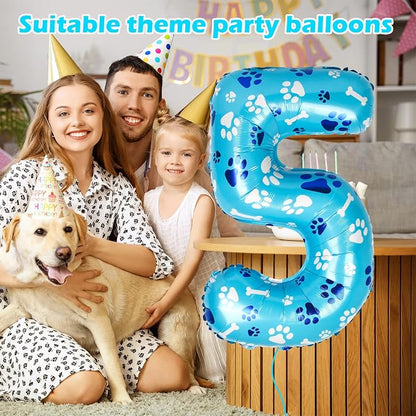 40 Inch Blue Dog Paw Birthday Balloons, Number 5 Balloons - Image 3