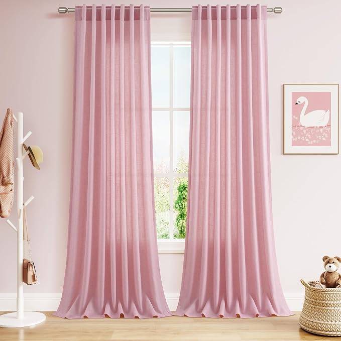 Rose Linen Curtains 102 Inches Long 2 Panel Set Back Tab Rod Pocket Semi Sheer by Nanspring
