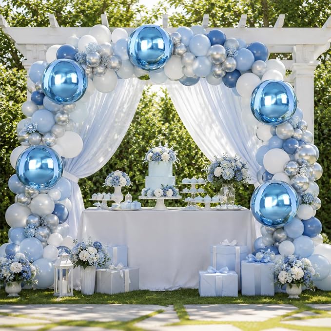Blue Round Foil Balloons with Satin Bows and Ribbon - Image 7