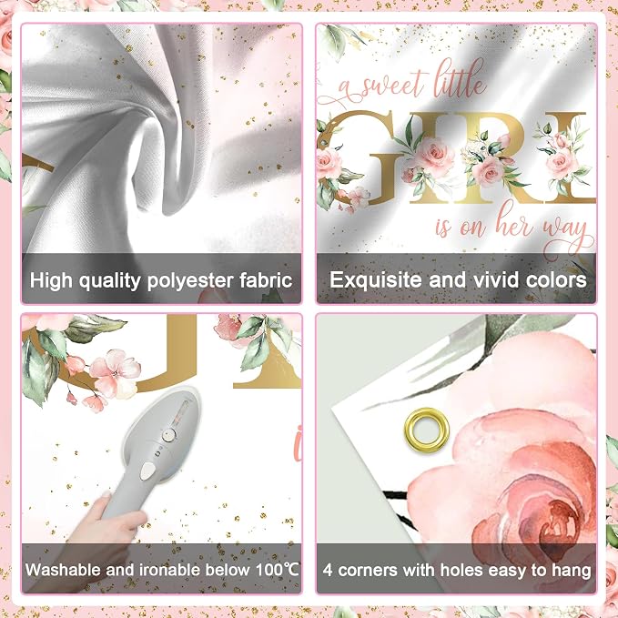 Avezano Girl Baby Shower Backdrop Pink Floral Sweet Baby Baby Shower Banner A - Image 8
