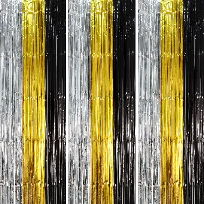 Voircoloria Black Gold Silver Fringe Backdrop Curtains, 3 Pack | Tinsel by Voircoloria