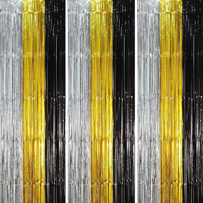 Voircoloria Black Gold Silver Fringe Backdrop Curtains, 3 Pack | Tinsel by Voircoloria
