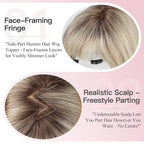 EMMOR Human Hair Toppers for Women Short Bob Real Hair with Bangs 10" Side Part Hairpieces for Women with Thin Hair 6.5" × 6.5" Larger Base Human Wig Toppers(Ombre Gray Blonde)