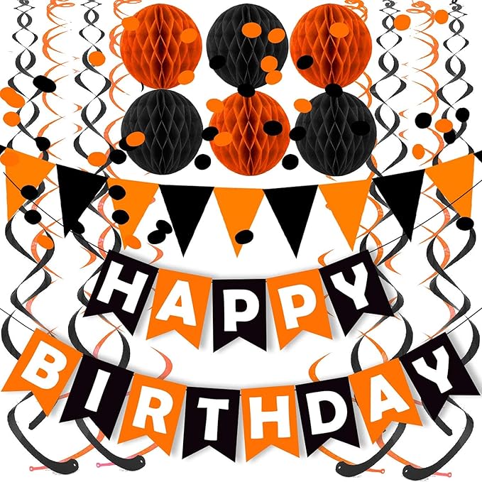 Fecedy Black Orange Happy Birthday Banner Paper Triangle Flag Bunting Circle by FECEDY