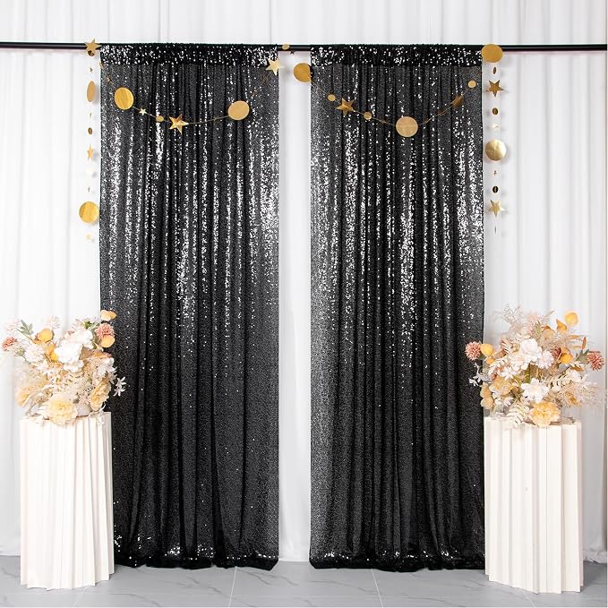ShinyBeauty Black Backdrops 2 Pieces Sequin Curtains 4FTx7FT Photoshoot - Image 2