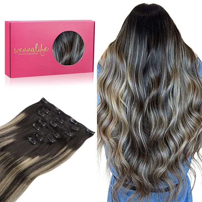 WENNALIFE Clip in Human Hair Extensions, 22 Inch 120g 7pcs Balayage Natural Black to Light Blonde Hair Extensions, Real Human Hair Remy Double Weft