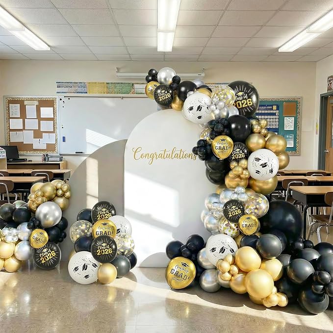 Black and Gold Graduation Balloons, 12 Inch Metallic Silver Gold Confetti Latex - Image 4