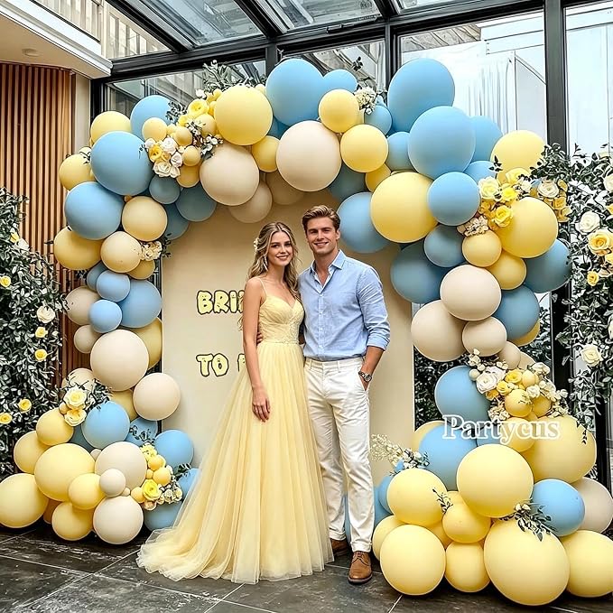 Blue Yellow Balloon Arch Kit Double Stuffed Light Yellow Pastel Blue White Sand - Image 6