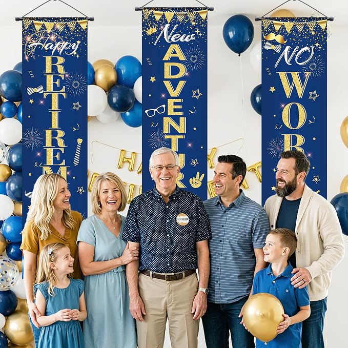 3Pcs Retirement Porch Sign Door Hanging Banner Navy Blue Gold Happy Retirement - Image 7
