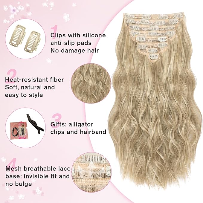 Clip in Hair Extensions for Women, 8PCS 20 Inch Wavy Ash Blonde Mixed Light Blonde Hair Extensions Clip Ins Mix Blonde, Synthetic Long Hairpieces for Women