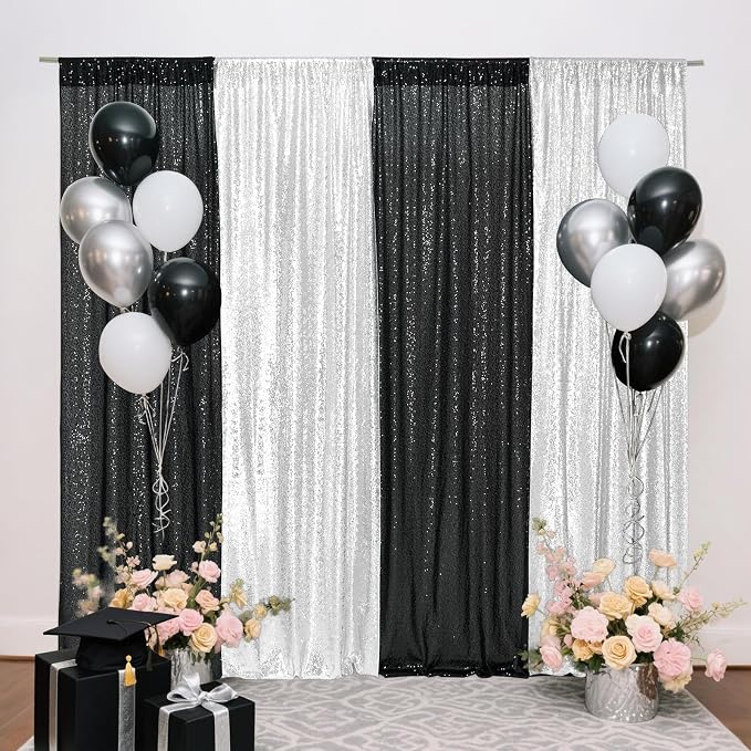 Eternal Beauty Black & Silver Sequin Backdrop Curtains, 4 Panels 2x8FT | 3mm - Image 5