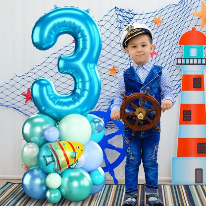 Blue Number 3 Balloon 40 Inch Ocean Under the Sea Number Three Foil Balloons - Image 3